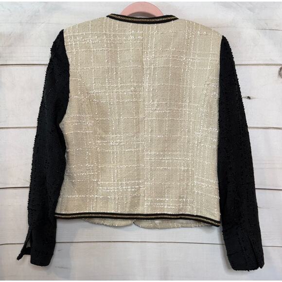 Mango Suit Sz L Jacket Cream Black Gold Trim Holiday Festive Party Classy - Picture 2 of 5